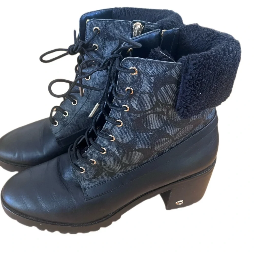 Coach Black Leather & Signature Canvas Lace-Up Combat Boots - Picture 2 of 4